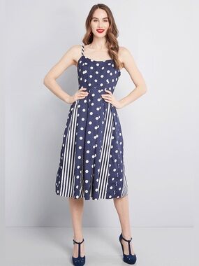 MODCLOTH Fit And Flare Polka Dot Striped Midi Dress Size 8